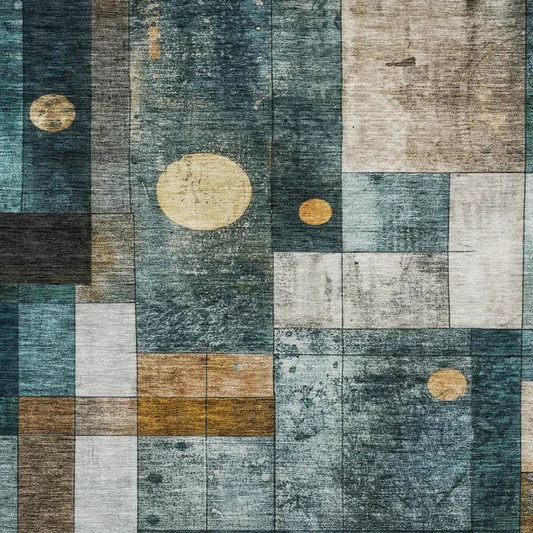 9' X 12' Teal Blue Gray And Gold Geometric Washable Indoor Outdoor Area Rug