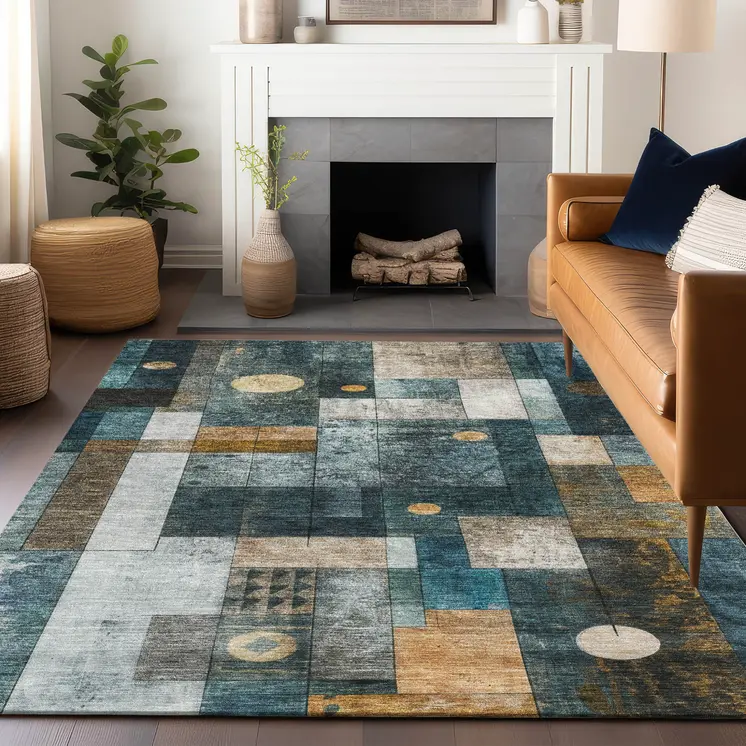9' X 12' Teal Blue Gray And Gold Geometric Washable Indoor Outdoor Area Rug