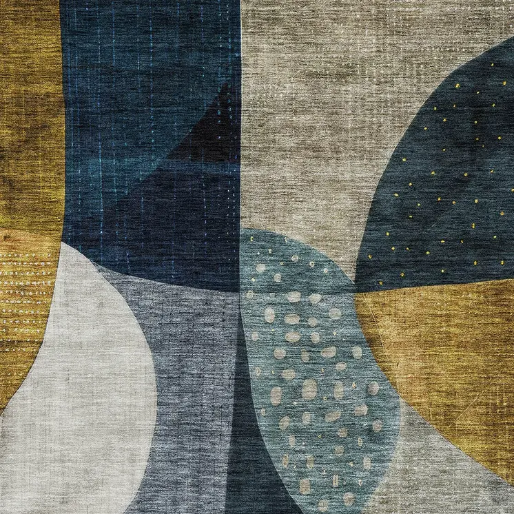 3' X 5' Blue Gold And Gray Abstract Washable Indoor Outdoor Area Rug