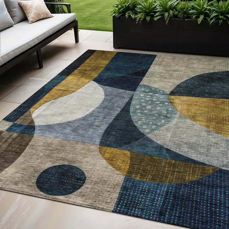 5' X 8' Blue Gold And Gray Abstract Washable Indoor Outdoor Area Rug