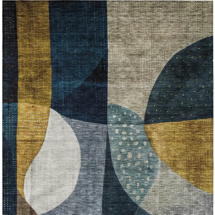 5' X 8' Blue Gold And Gray Abstract Washable Indoor Outdoor Area Rug
