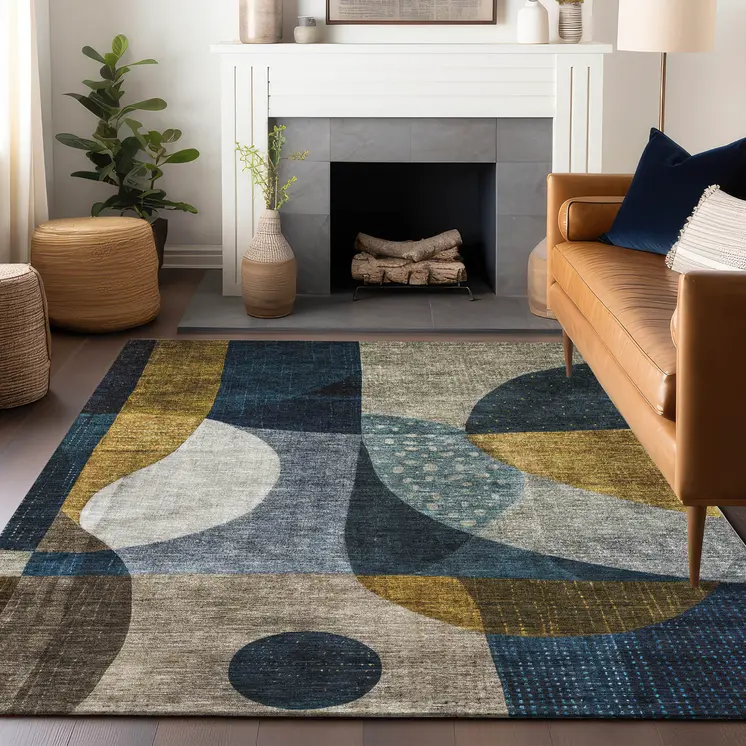 5' X 8' Blue Gold And Gray Abstract Washable Indoor Outdoor Area Rug