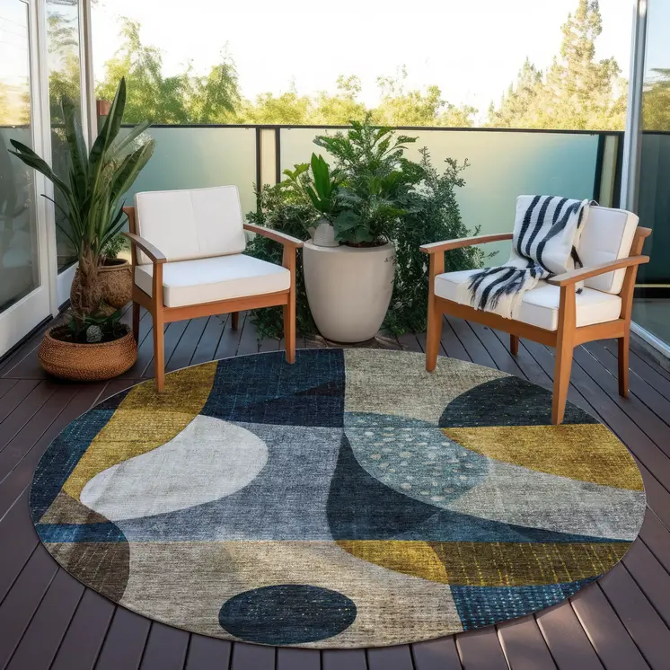 8' Blue Gold And Gray Round Abstract Washable Indoor Outdoor Area Rug
