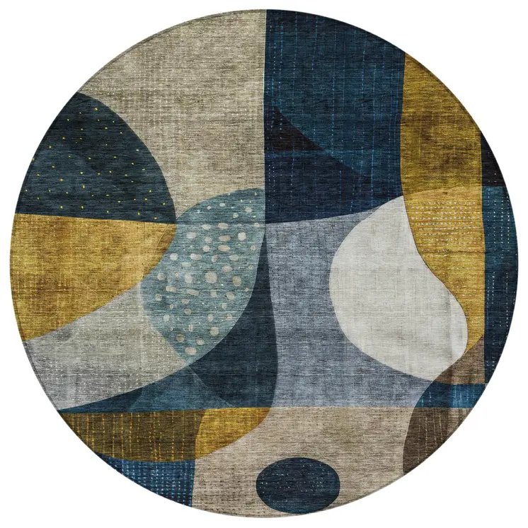 8' Blue Gold And Gray Round Abstract Washable Indoor Outdoor Area Rug