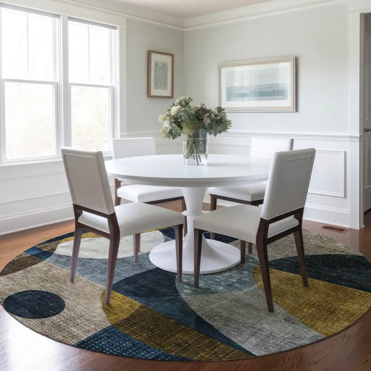 8' Blue Gold And Gray Round Abstract Washable Indoor Outdoor Area Rug
