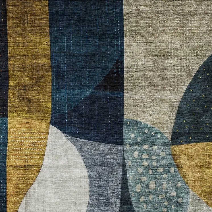 8' X 10' Blue Gold And Gray Abstract Washable Indoor Outdoor Area Rug