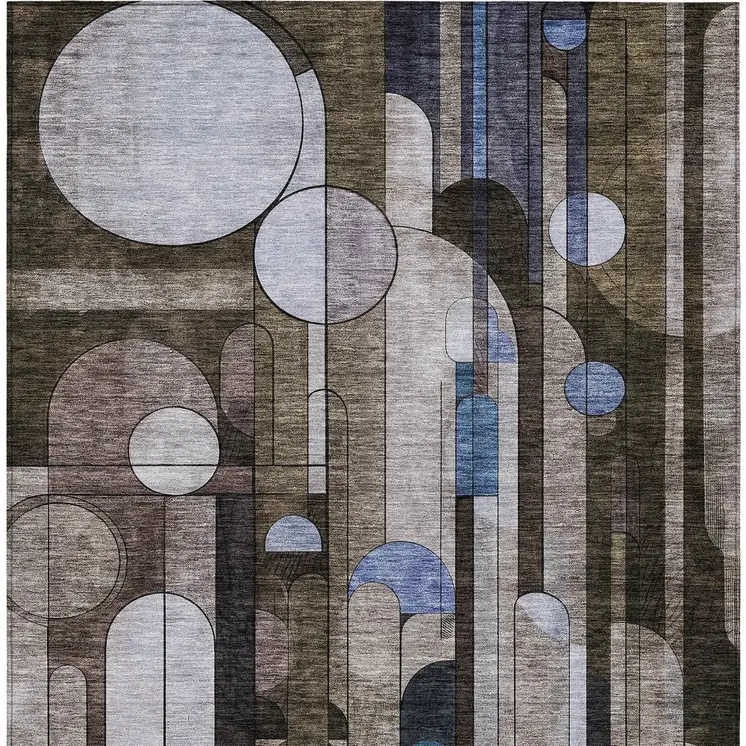 5' X 8' Brown Gray And Blue Geometric Washable Indoor Outdoor Area Rug