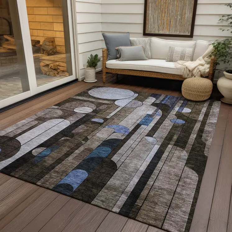 5' X 8' Brown Gray And Blue Geometric Washable Indoor Outdoor Area Rug