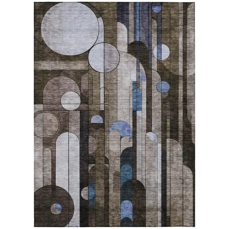 5' X 8' Brown Gray And Blue Geometric Washable Indoor Outdoor Area Rug