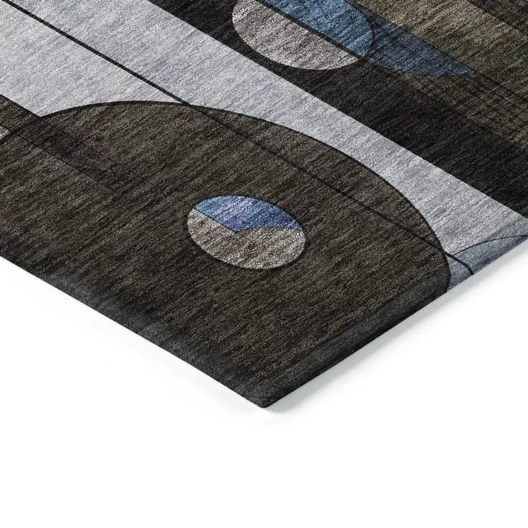 5' X 8' Brown Gray And Blue Geometric Washable Indoor Outdoor Area Rug