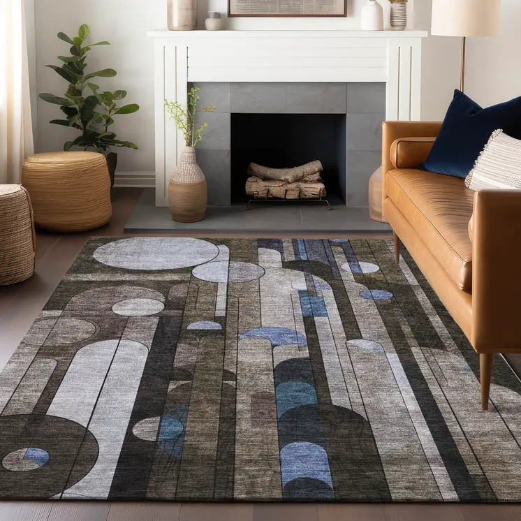 5' X 8' Brown Gray And Blue Geometric Washable Indoor Outdoor Area Rug