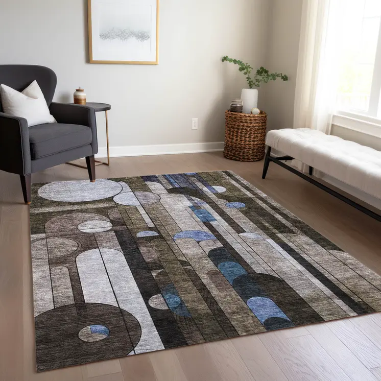 5' X 8' Brown Gray And Blue Geometric Washable Indoor Outdoor Area Rug