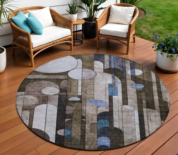 8' Brown Gray And Blue Round Geometric Washable Indoor Outdoor Area Rug