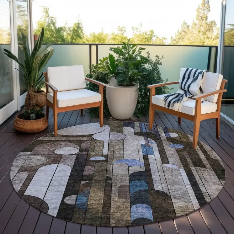 8' Brown Gray And Blue Round Geometric Washable Indoor Outdoor Area Rug