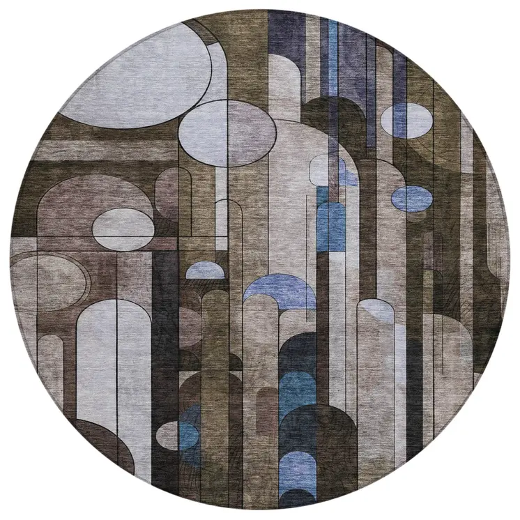8' Brown Gray And Blue Round Geometric Washable Indoor Outdoor Area Rug
