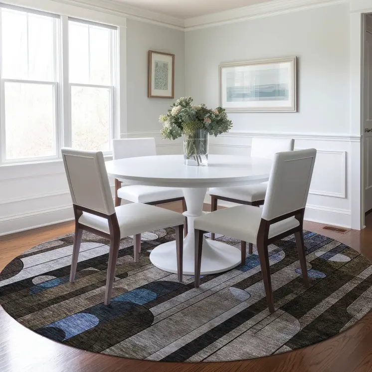 8' Brown Gray And Blue Round Geometric Washable Indoor Outdoor Area Rug