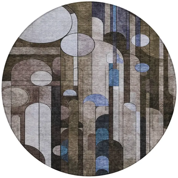 8' Brown Gray And Blue Round Geometric Washable Indoor Outdoor Area Rug