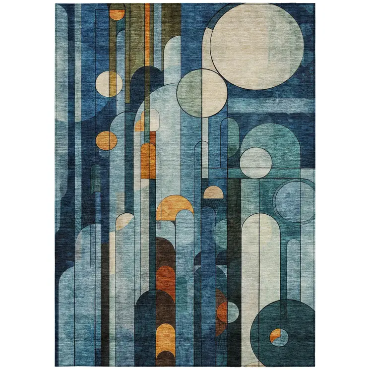 3' X 5' Blue Ivory And Copper Geometric Washable Indoor Outdoor Area Rug