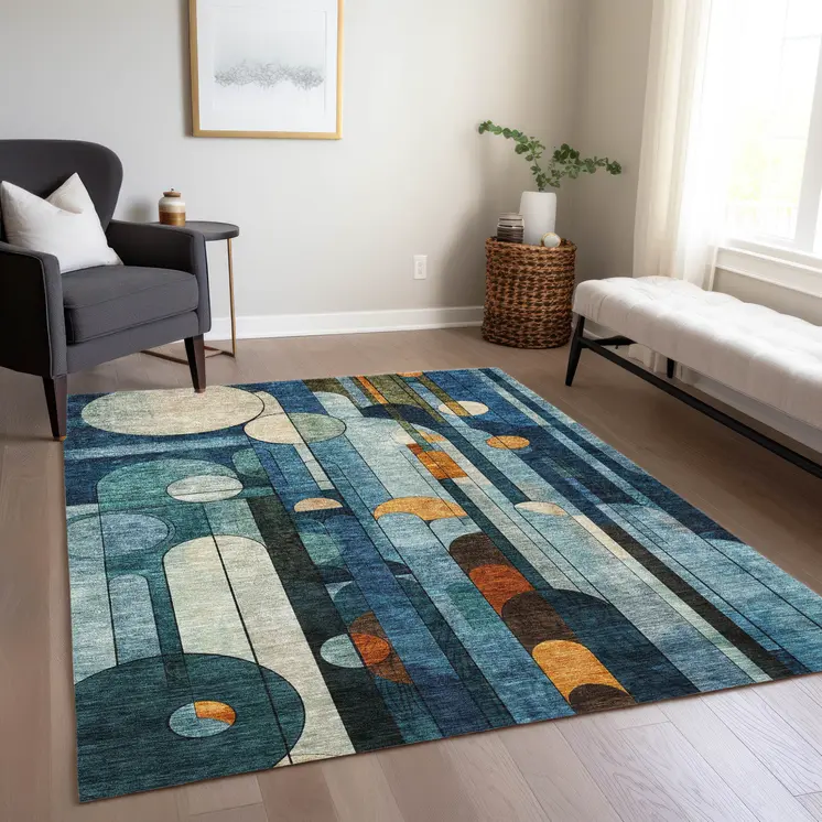 3' X 5' Blue Ivory And Copper Geometric Washable Indoor Outdoor Area Rug