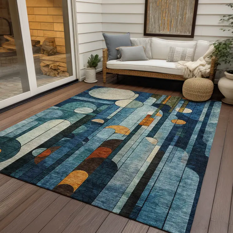 5' X 8' Blue Ivory And Copper Geometric Washable Indoor Outdoor Area Rug