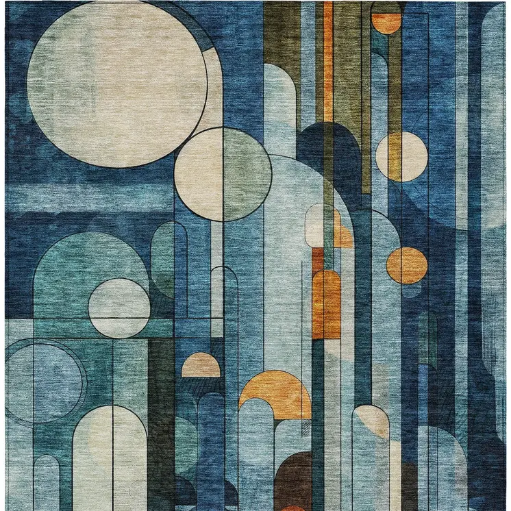 5' X 8' Blue Ivory And Copper Geometric Washable Indoor Outdoor Area Rug