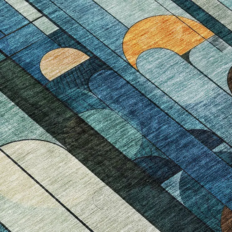 5' X 8' Blue Ivory And Copper Geometric Washable Indoor Outdoor Area Rug
