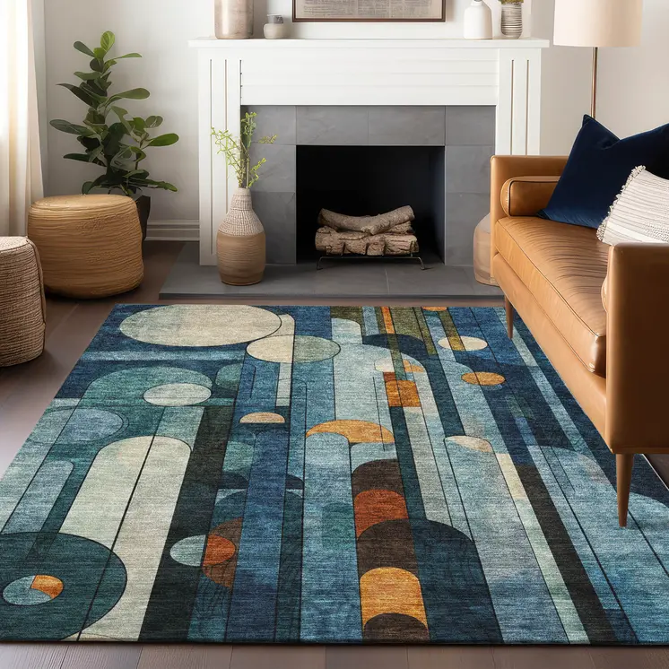 5' X 8' Blue Ivory And Copper Geometric Washable Indoor Outdoor Area Rug