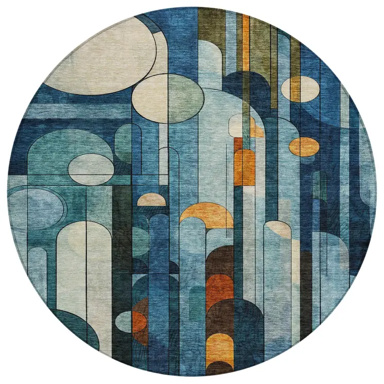 8' Blue Ivory And Copper Round Geometric Washable Indoor Outdoor Area Rug