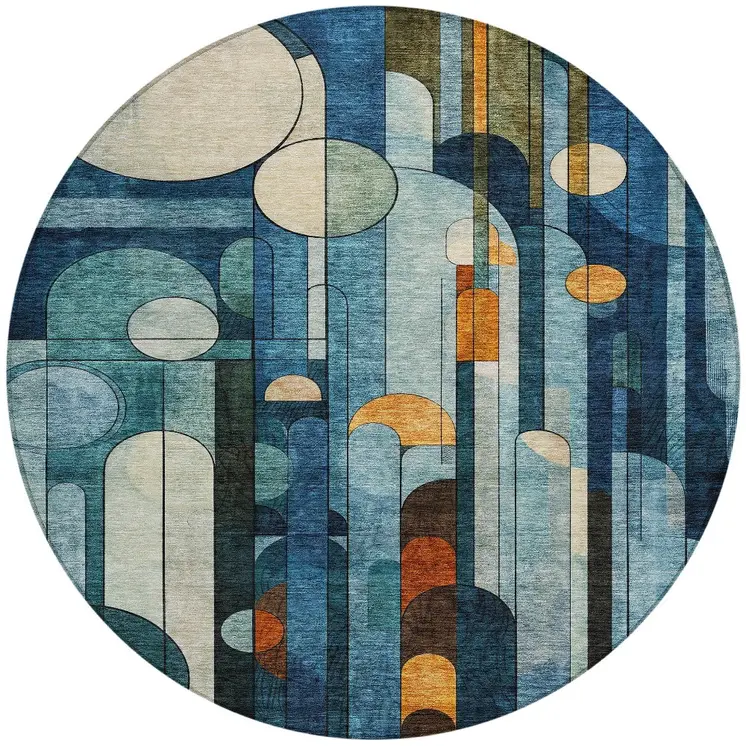8' Blue Ivory And Copper Round Geometric Washable Indoor Outdoor Area Rug