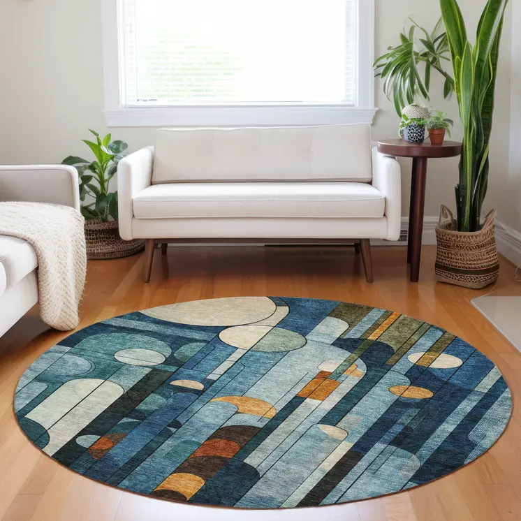 8' Blue Ivory And Copper Round Geometric Washable Indoor Outdoor Area Rug