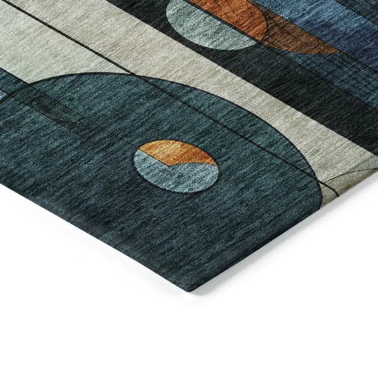 10' X 14' Blue Ivory And Copper Geometric Washable Indoor Outdoor Area Rug