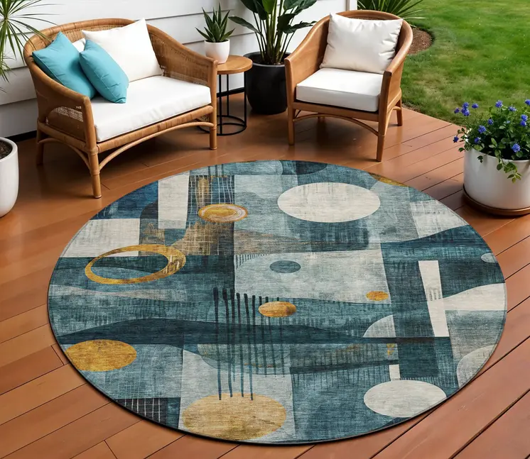 8' Teal Blue Ivory And Gold Round Geometric Washable Indoor Outdoor Area Rug