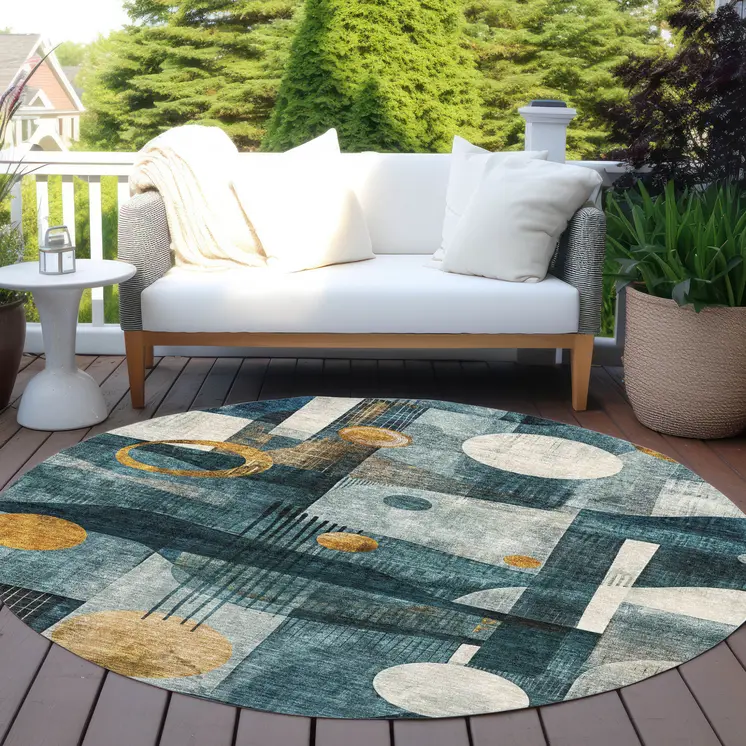 8' Teal Blue Ivory And Gold Round Geometric Washable Indoor Outdoor Area Rug
