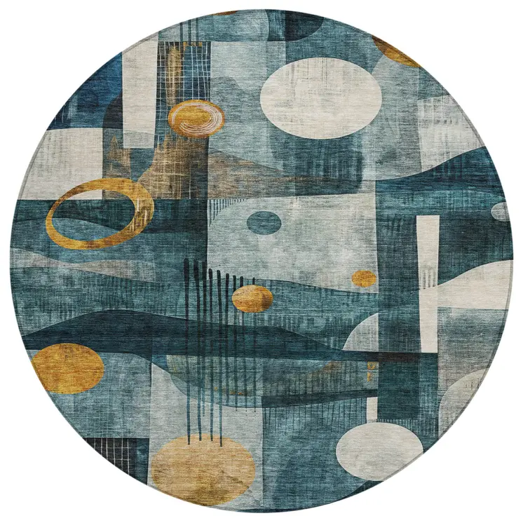 8' Teal Blue Ivory And Gold Round Geometric Washable Indoor Outdoor Area Rug