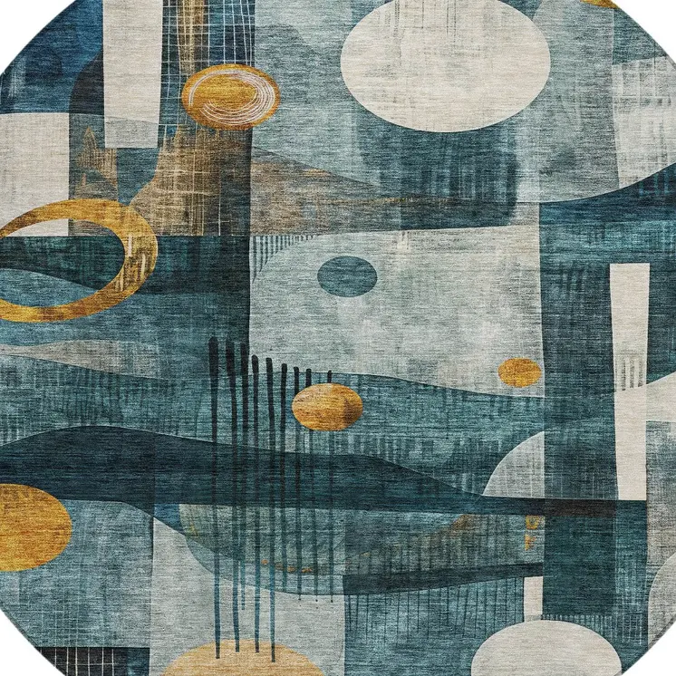 8' Teal Blue Ivory And Gold Round Geometric Washable Indoor Outdoor Area Rug