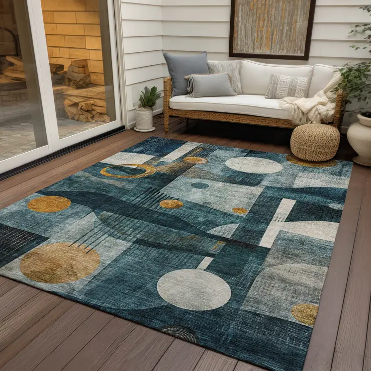 8' X 10' Teal Blue Ivory And Gold Geometric Washable Indoor Outdoor Area Rug