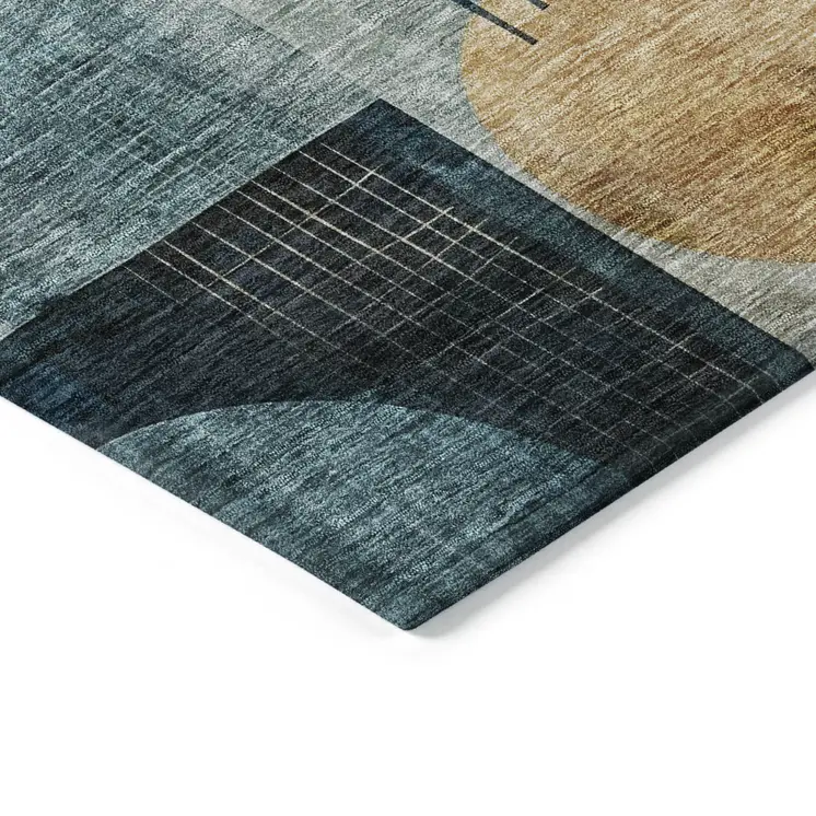 8' X 10' Teal Blue Ivory And Gold Geometric Washable Indoor Outdoor Area Rug
