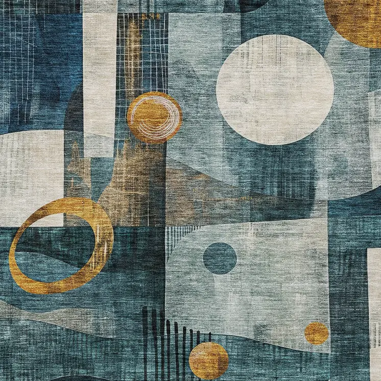 8' X 10' Teal Blue Ivory And Gold Geometric Washable Indoor Outdoor Area Rug