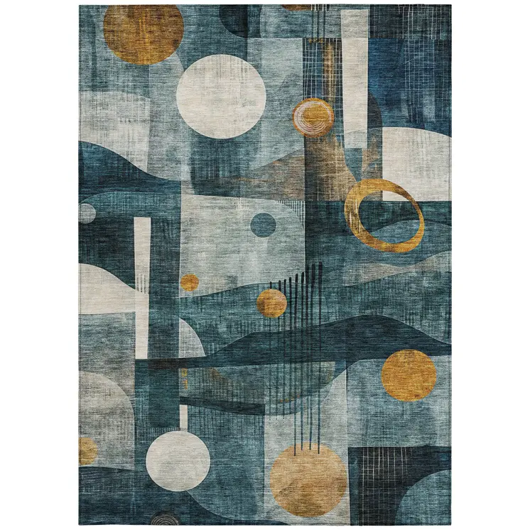 9' X 12' Teal Blue Ivory And Gold Geometric Washable Indoor Outdoor Area Rug