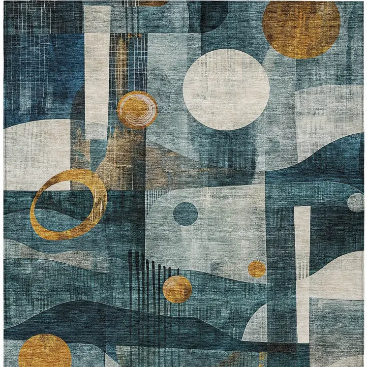 10' X 14' Teal Blue Ivory And Gold Geometric Washable Indoor Outdoor Area Rug