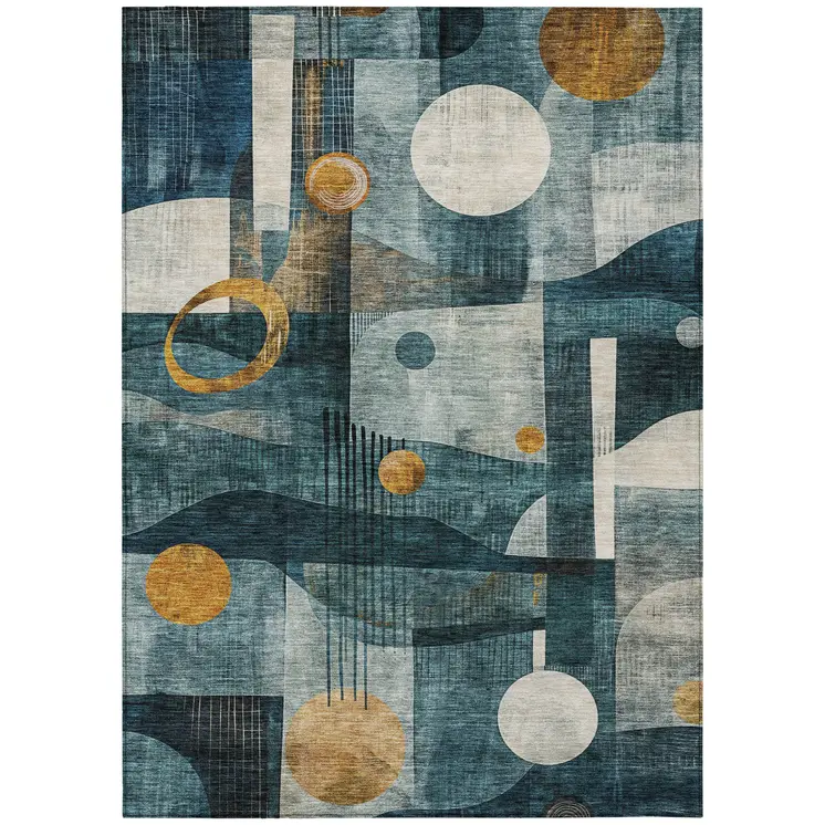 10' X 14' Teal Blue Ivory And Gold Geometric Washable Indoor Outdoor Area Rug