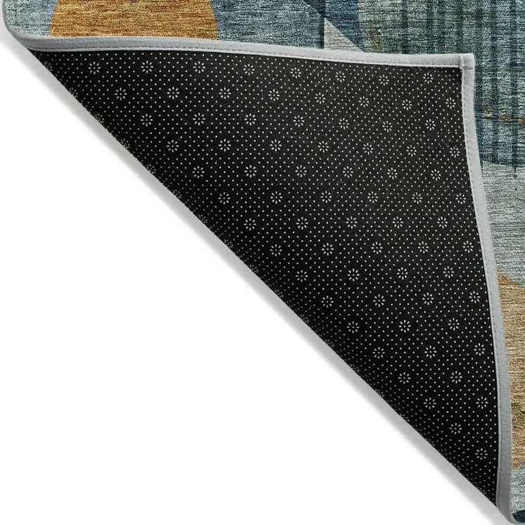 10' X 14' Teal Blue Ivory And Gold Geometric Washable Indoor Outdoor Area Rug
