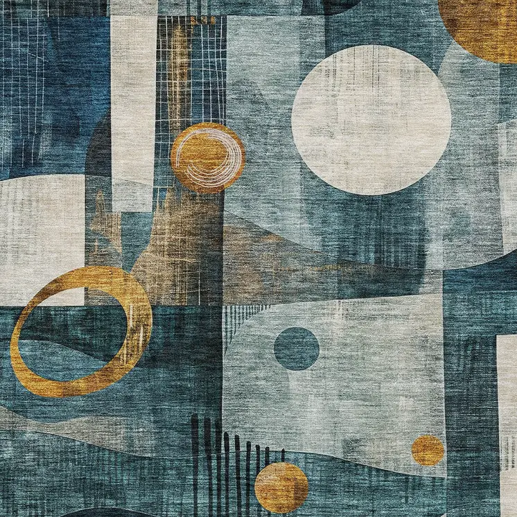 10' X 14' Teal Blue Ivory And Gold Geometric Washable Indoor Outdoor Area Rug