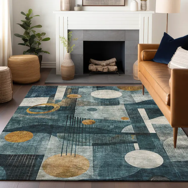 10' X 14' Teal Blue Ivory And Gold Geometric Washable Indoor Outdoor Area Rug
