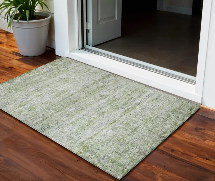 3' X 5' Artichoke Green And Ivory Striped Washable Indoor Outdoor Area Rug