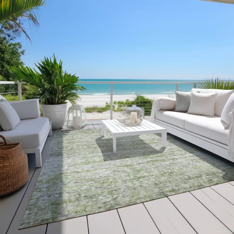 5' X 8' Artichoke Green And Ivory Striped Washable Indoor Outdoor Area Rug