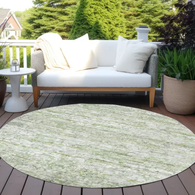 8' Artichoke Green And Ivory Round Striped Washable Indoor Outdoor Area Rug