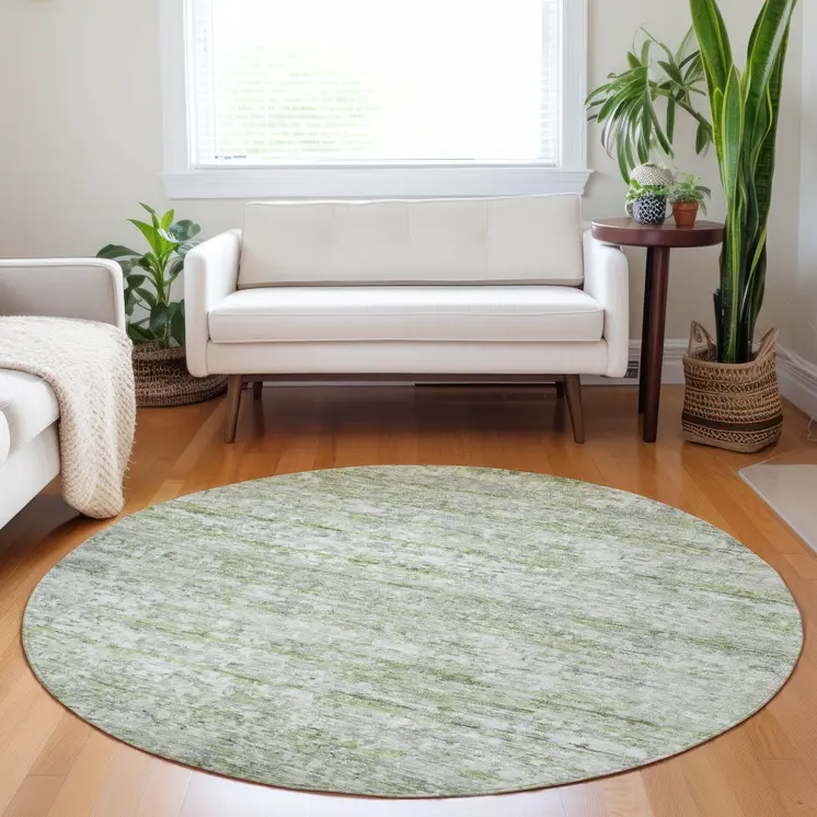8' Artichoke Green And Ivory Round Striped Washable Indoor Outdoor Area Rug
