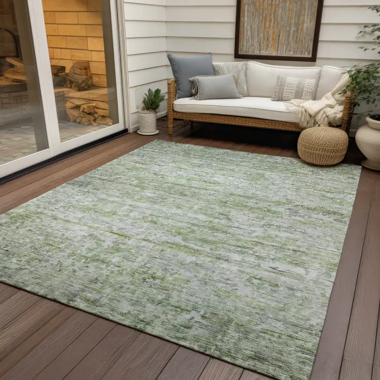 8' X 10' Artichoke Green And Ivory Striped Washable Indoor Outdoor Area Rug