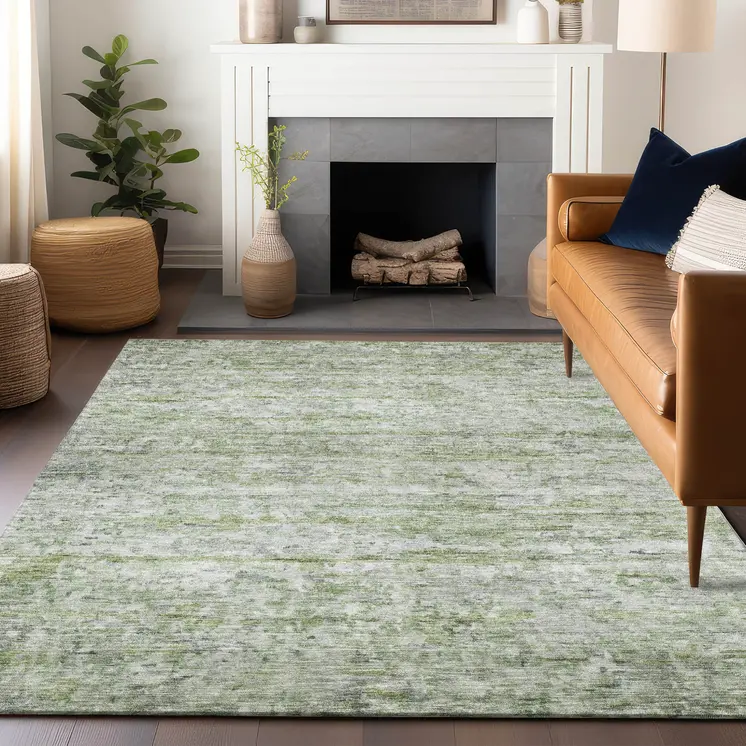 8' X 10' Artichoke Green And Ivory Striped Washable Indoor Outdoor Area Rug
